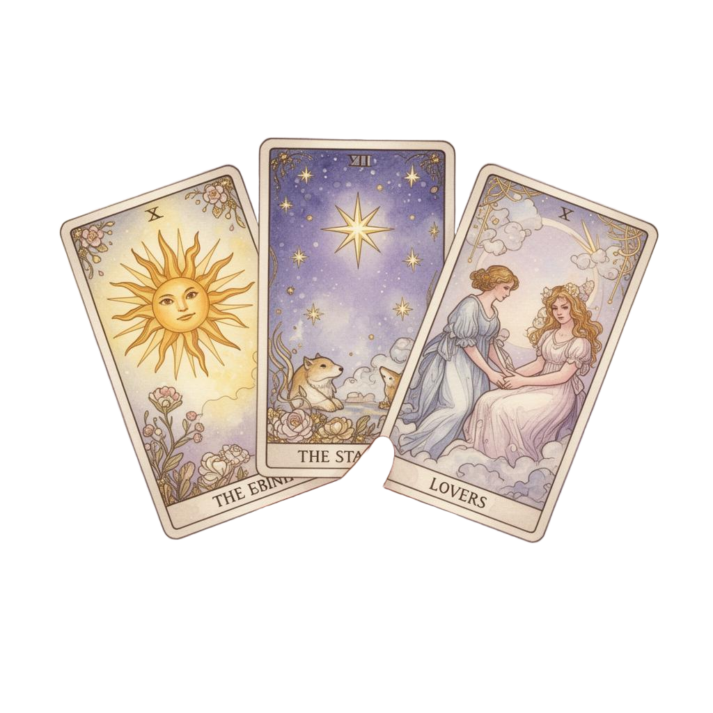 Tres cartas de tarot ilustradas: El Sol, La Estrella y Los Enamorados